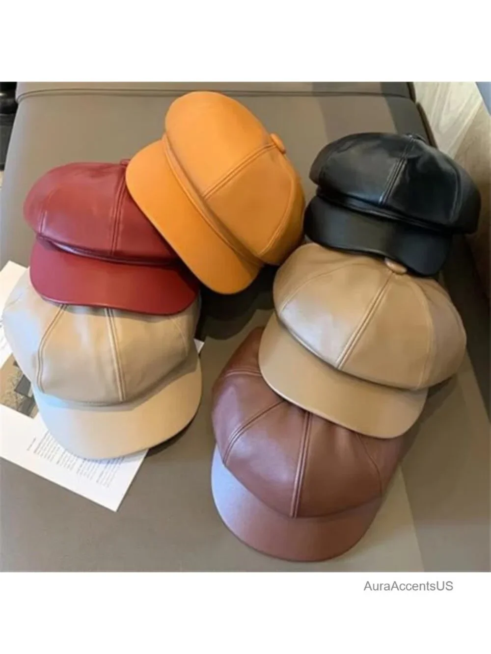 PU Leather Newsboy Cap 8 Panel Octagonal Artist Painter Hat